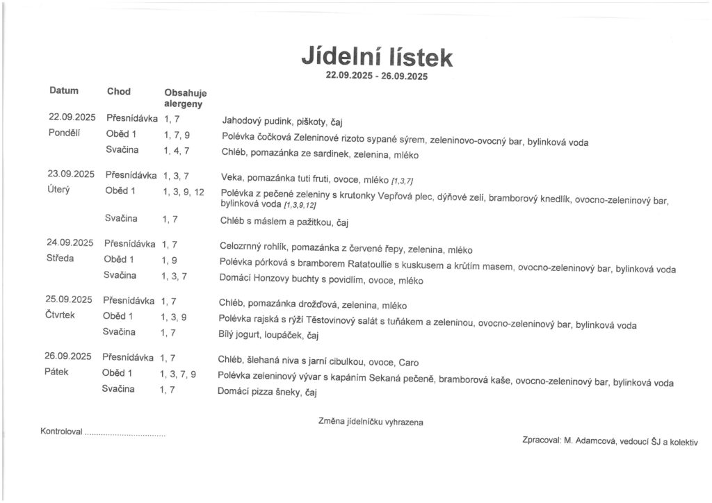 jídelní lístek